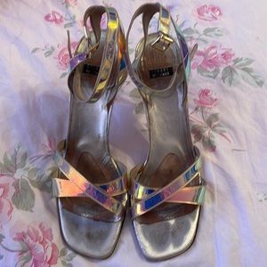 Stuart Weitzman 'Monami' Mystic
Vinyl Leather Stilettos Sandals, Size 8.5